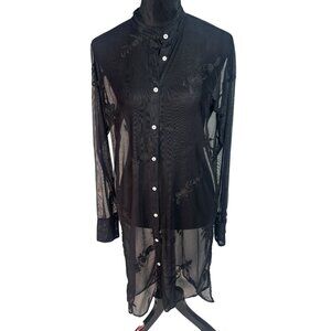 Mustard Seed Witch Core Black Floral Embroidered Sheer Mesh Shirt Dress, Size Sm